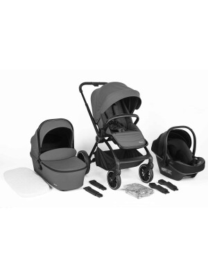 BabyGo - Carucior 3 in 1 Harmony Grey cu maner reglabil pe inaltime, cadru Black