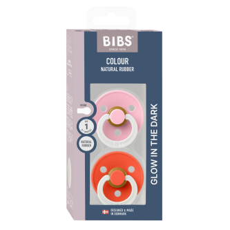 BIBS - Set 2 suzete fosforescente Colour Glow Latex, tetina rotunda, 0 luni +