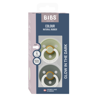 BIBS - Set 2 suzete fosforescente Colour Glow Latex, tetina rotunda, 0 luni +