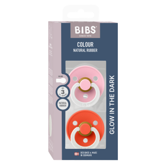 BIBS - Set 2 suzete fosforescente Colour Glow Latex, tetina rotunda, 18 luni +