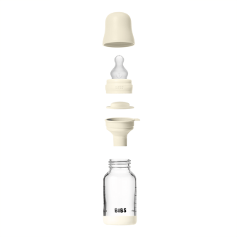 Set complet biberon BIBS din sticla anticolici cu tetina din silicon flux lent, 120 ml, Ivory