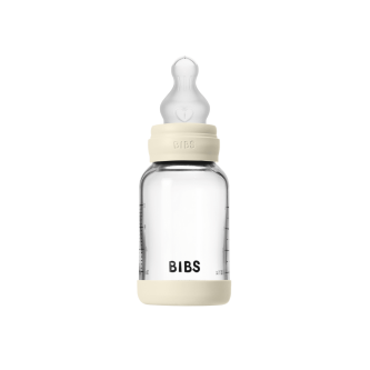 Set complet biberon BIBS din sticla anticolici cu tetina din silicon flux lent, 120 ml, Ivory