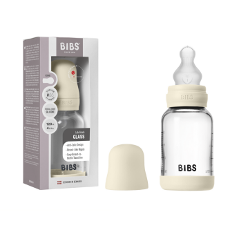 Set complet biberon BIBS din sticla anticolici cu tetina din silicon flux lent, 120 ml, Ivory