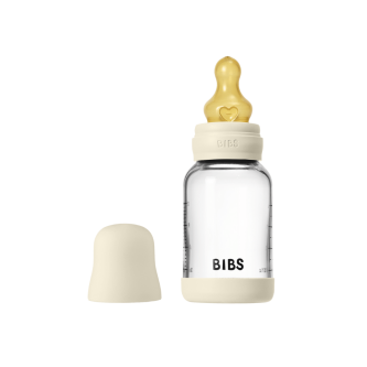 Set complet biberon din sticla BIBS anticolici cu tetina din latex, flux lent, 120 ml, Ivory