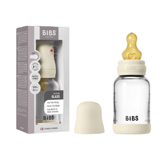 Set complet biberon din sticla BIBS anticolici cu tetina din latex, flux lent, 120 ml, Ivory