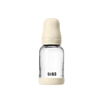 Set complet biberon din sticla BIBS anticolici cu tetina din latex, flux lent, 120 ml, Ivory