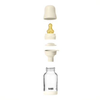 Set complet biberon din sticla BIBS anticolici cu tetina din latex, flux lent, 120 ml, Ivory