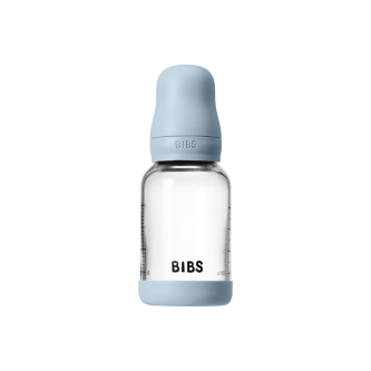 Set complet biberon BIBS din sticla anticolici cu tetina din latex, flux lent, 120 ml, Baby Blue