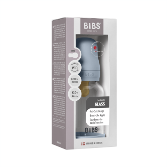 Set complet biberon BIBS din sticla anticolici cu tetina din latex, flux lent, 120 ml, Baby Blue