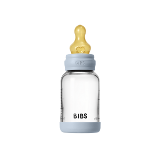 Set complet biberon BIBS din sticla anticolici cu tetina din latex, flux lent, 120 ml, Baby Blue