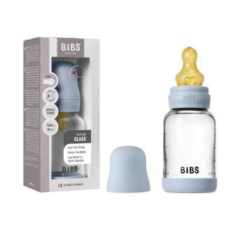 Set complet biberon BIBS din sticla anticolici cu tetina din latex, flux lent, 120 ml, Baby Blue