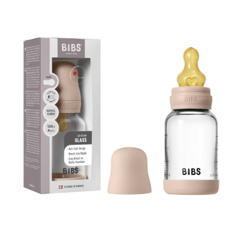 Set complet biberon BIBS din sticla anticolici cu tetina din latex, flux lent, 120 ml, Blush
