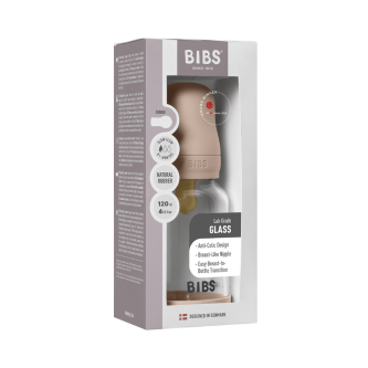 Set complet biberon BIBS din sticla anticolici cu tetina din latex, flux lent, 120 ml, Blush