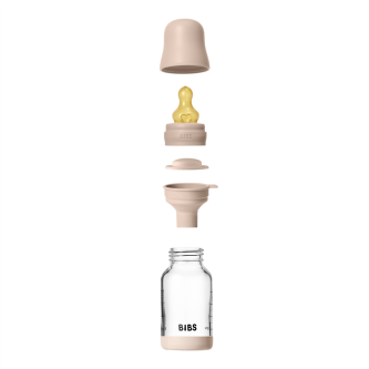 Set complet biberon BIBS din sticla anticolici cu tetina din latex, flux lent, 120 ml, Blush