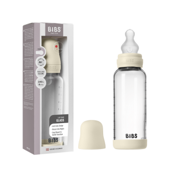 Set complet biberonBIBS din sticla anticolici cu tetina din silicon, flux mediu, 240 ml, Ivory