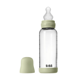 Set complet biberon BIBS din sticla anticolici cu tetina din silicon, flux mediu, 240 ml, Sage