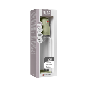 Set complet biberon BIBS din sticla anticolici cu tetina din silicon, flux mediu, 240 ml, Sage