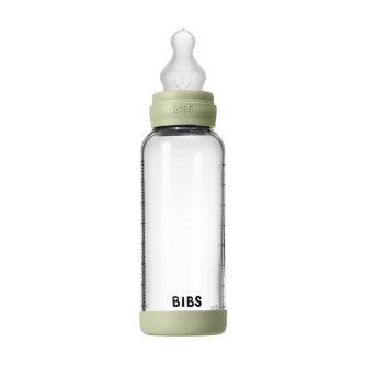 Set complet biberon BIBS din sticla anticolici cu tetina din silicon, flux mediu, 240 ml, Sage