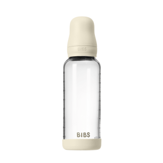 Set complet biberon BIBS din sticla anticolici cu tetina din latex, flux mediu, 240 ml, Ivory