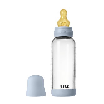 Set complet biberon BIBS din sticla anticolici cu tetina din latex, flux mediu, 240 ml, Baby Blue