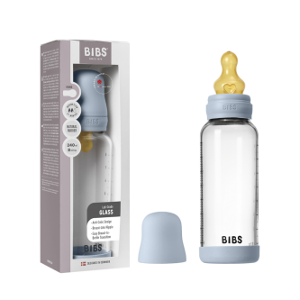 Set complet biberon BIBS din sticla anticolici cu tetina din latex, flux mediu, 240 ml, Baby Blue