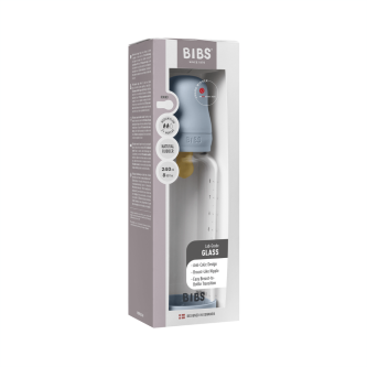 Set complet biberon BIBS din sticla anticolici cu tetina din latex, flux mediu, 240 ml, Baby Blue