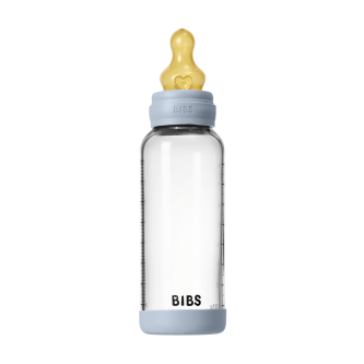 Set complet biberon BIBS din sticla anticolici cu tetina din latex, flux mediu, 240 ml, Baby Blue
