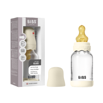 Set complet biberon BIBS Boheme din sticla anticolici cu tetina din latex, flux lent, 120 ml, Ivory
