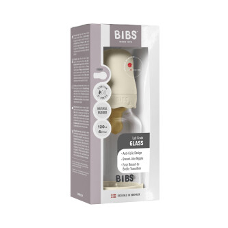 Set complet biberon BIBS Boheme din sticla anticolici cu tetina din latex, flux lent, 120 ml, Ivory
