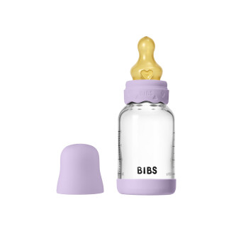 Set complet biberon BIBS Boheme din sticla anticolici cu tetina din latex, flux lent, 120 ml, Violet Sky