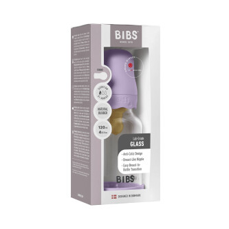 Set complet biberon BIBS Boheme din sticla anticolici cu tetina din latex, flux lent, 120 ml, Violet Sky