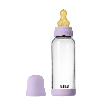Set complet biberon BIBS Boheme din sticla anticolici cu tetina din latex, flux mediu, 240 ml, Violet Sky