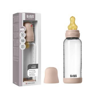 Set complet biberon BIBS din sticla anticolici cu tetina din latex, flux mediu, 240 ml, Blush
