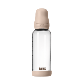 Set complet biberon BIBS din sticla anticolici cu tetina din latex, flux mediu, 240 ml, Blush