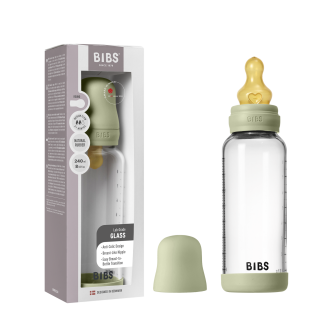 Set complet biberon BIBS din sticla anticolici cu tetina din latex, flux mediu, 240 ml, Sage
