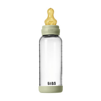 Set complet biberon BIBS din sticla anticolici cu tetina din latex, flux mediu, 240 ml, Sage