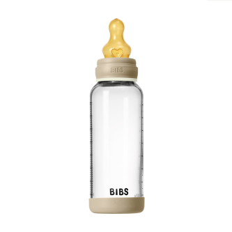 Set complet biberon BIBS fosforescent din sticla anticolici cu tetina din latex, flux mediu, 240 ml, Vanilla Glow