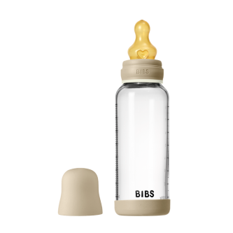 Set complet biberon BIBS fosforescent din sticla anticolici cu tetina din latex, flux mediu, 240 ml, Vanilla Glow