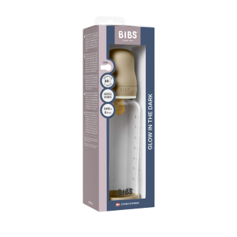 Set complet biberon BIBS fosforescent din sticla anticolici cu tetina din latex, flux mediu, 240 ml, Vanilla Glow