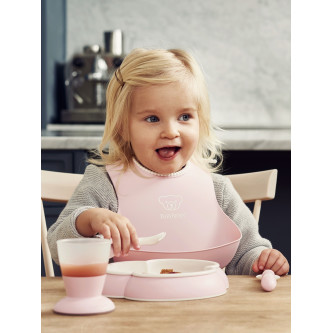BabyBjorn - Set hranire: farfurie, lingurita, furculita, pahar si bavetica pentru bebe, Powder Pink