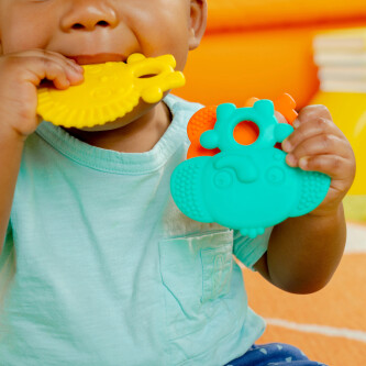 Set 3 jucarii de dentitie texturate Bright Starts Gummy Buddies -  Elefant, Leu, Maimuta