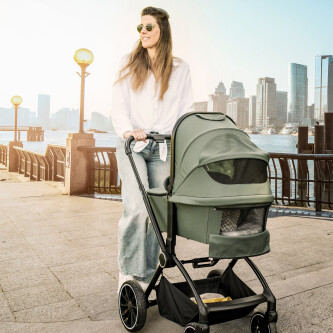 BabyGo - Carucior 3 in 1 Harmony Green cu maner reglabil pe inaltime, cadru Black
