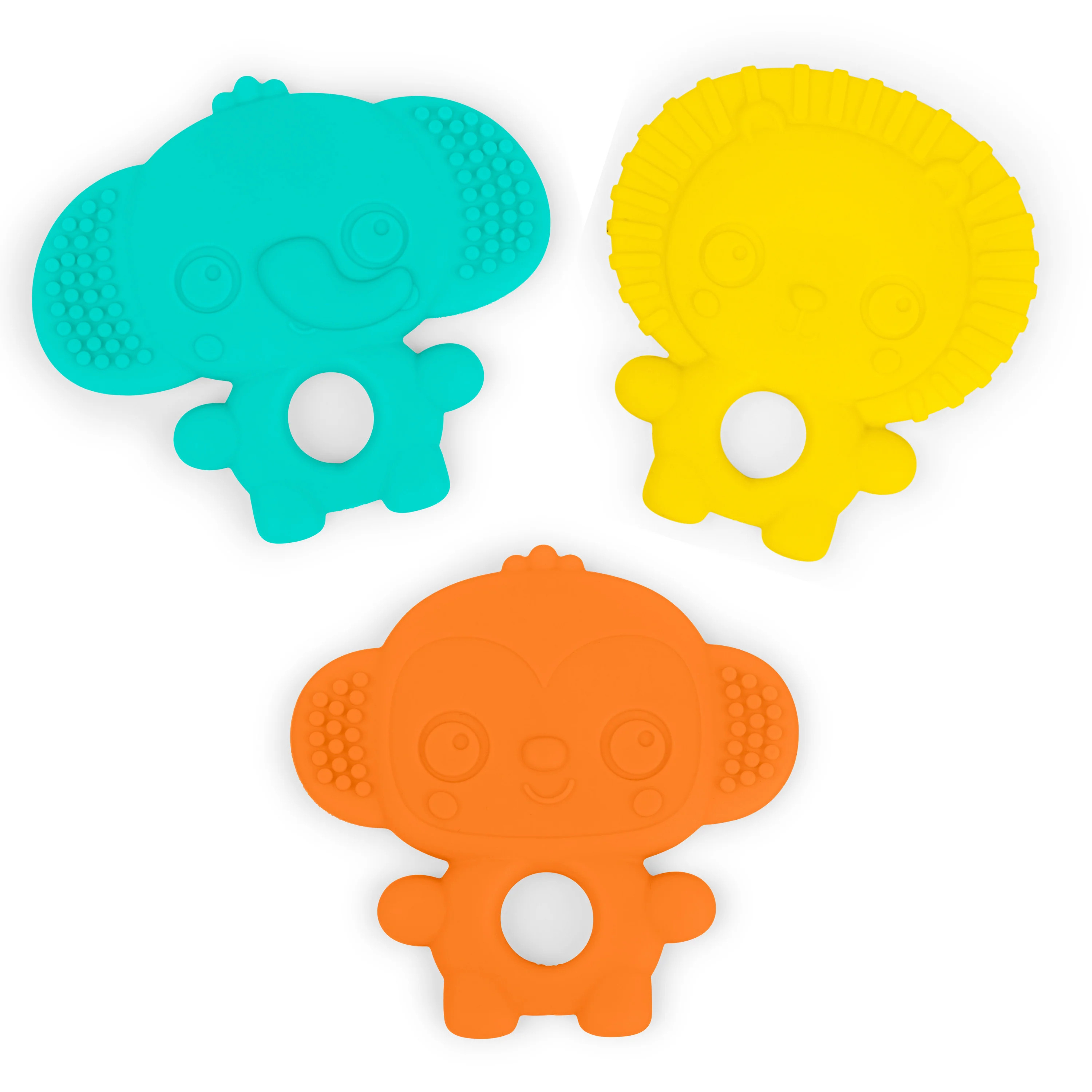 Set 3 jucarii de dentitie texturate Bright Starts Gummy Buddies -  Elefant, Leu, Maimuta