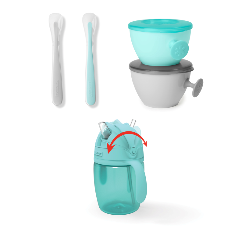 Skip Hop - Set de hranire Easy-Feed (sticla cu pai, 2 lingurite si 2 boluri ergonomice)