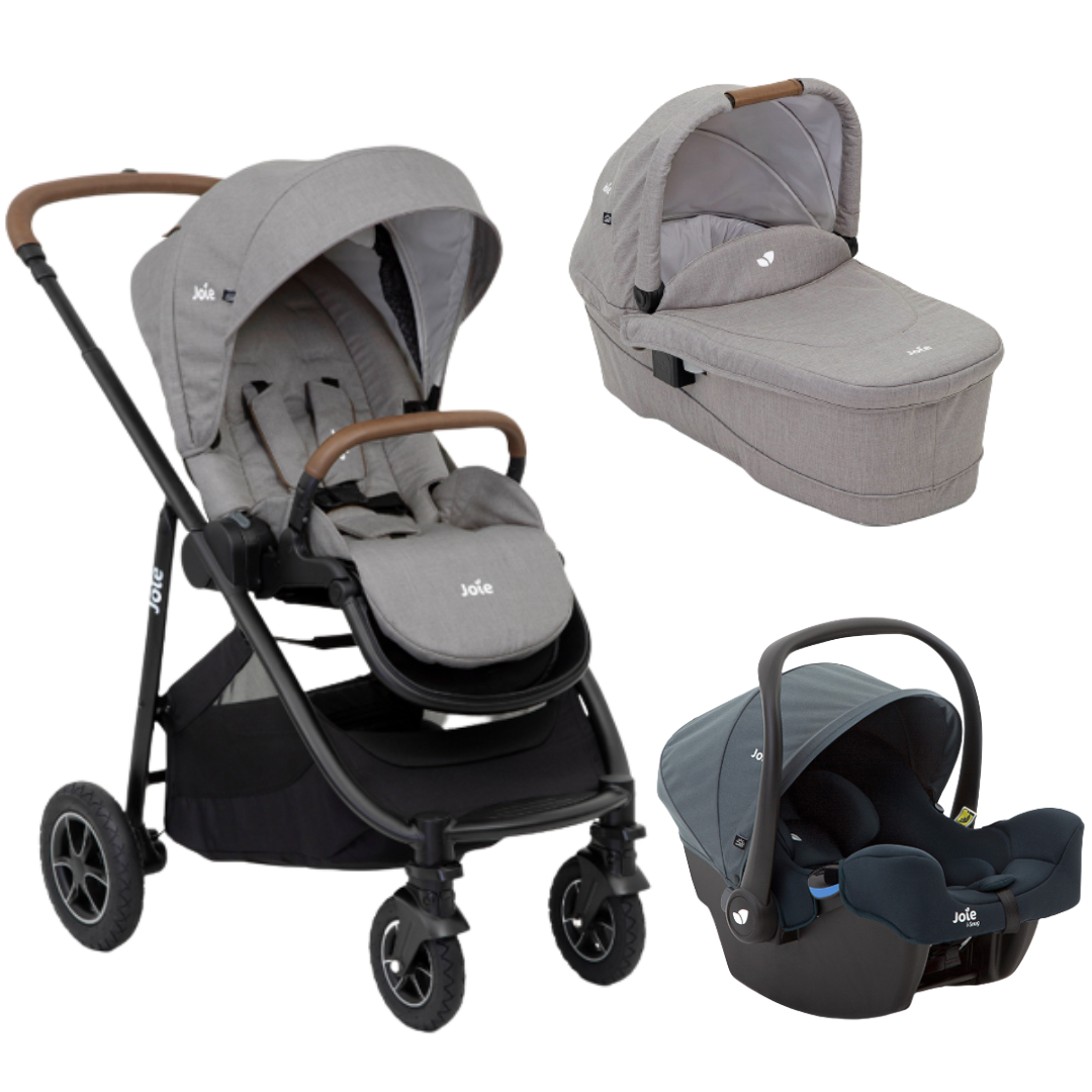 Carucior pentru copii multifunctional 3 in 1 Joie Versatrax Gray/i-Snug Lagoon (Carucior Versatrax Gray Flannel+ Landou Ramble Gray Flannel+ Scoica i-Snug Lagoon)